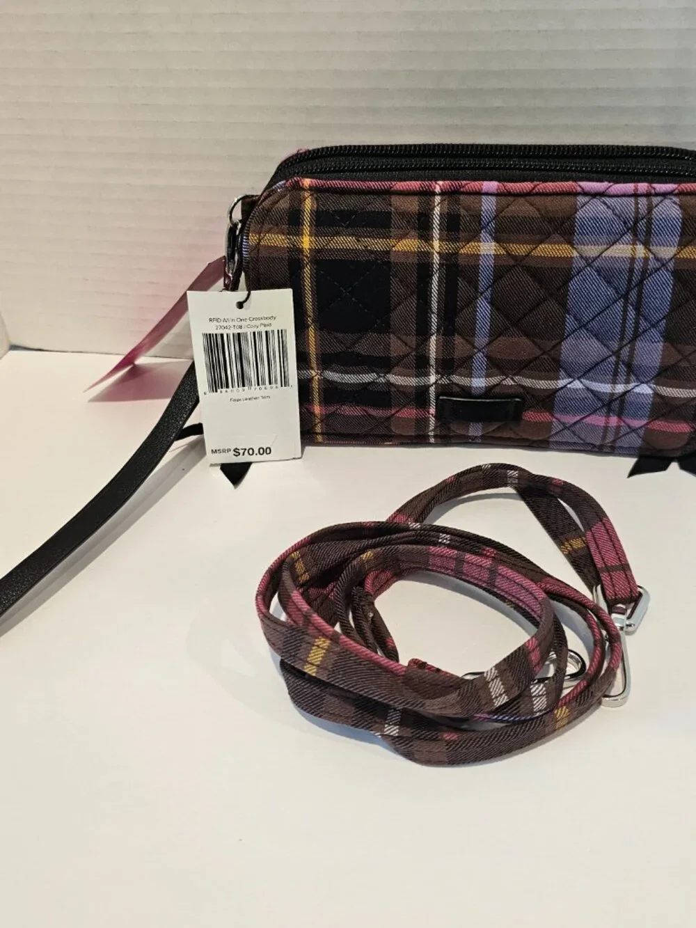NWT Vera Bradley RFID All in One Crossbody Cozy Plaid Black Blue Wristlet Wallet